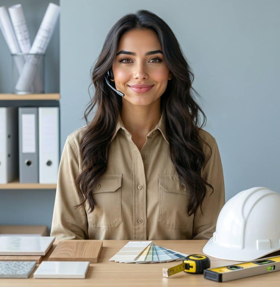 Maria, the receptionist who books your appointments, at a contractor's front desk